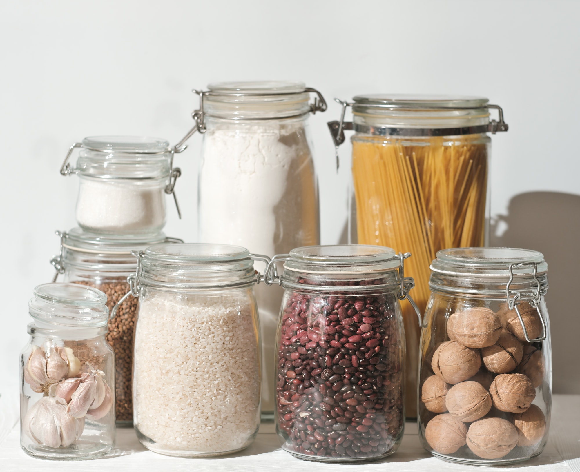 Organic products in a zero waste jars. Food storage in a low-waste kitchen.